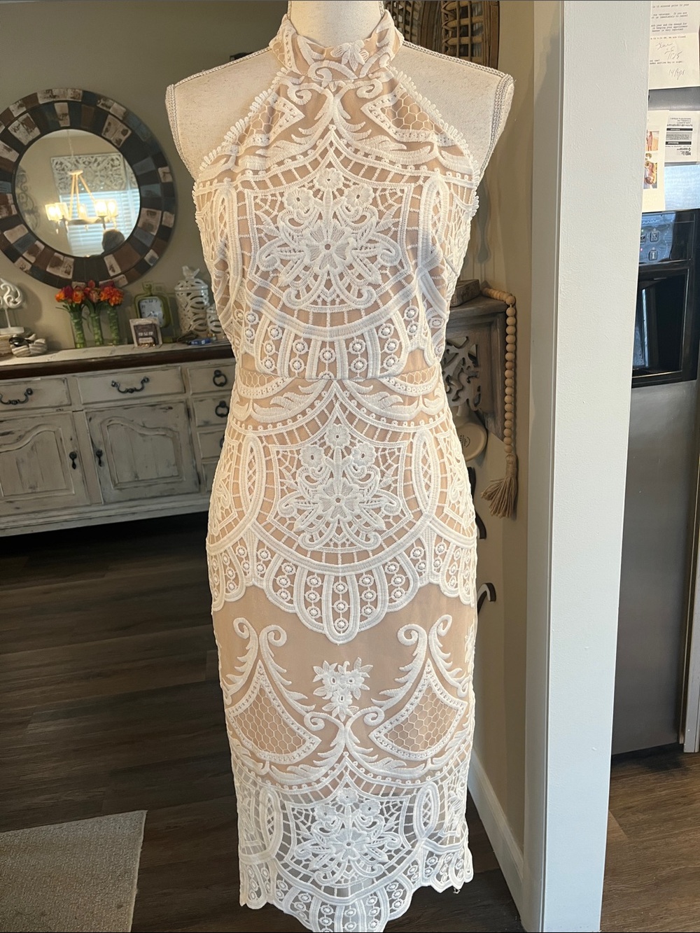 Lulu's White Lace High-Neck Midi Halter Dress